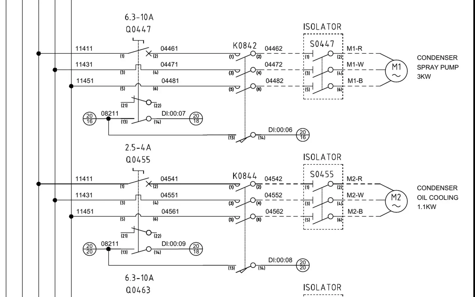 Detail of an AMC electrical schematic showing motor circuits and isolators