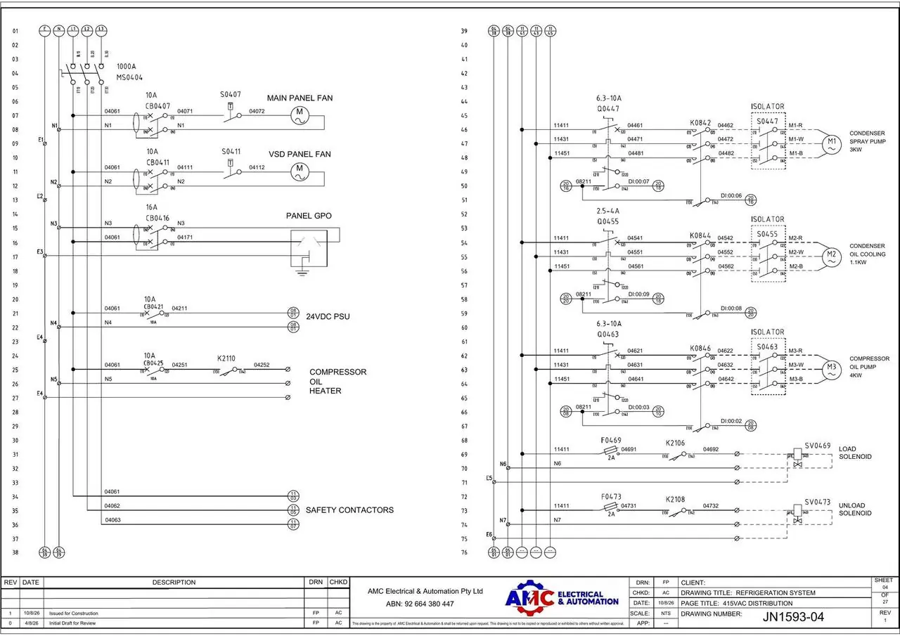 AMC electrical schematic sheet showing 415 V distribution, motor circuits and title block
